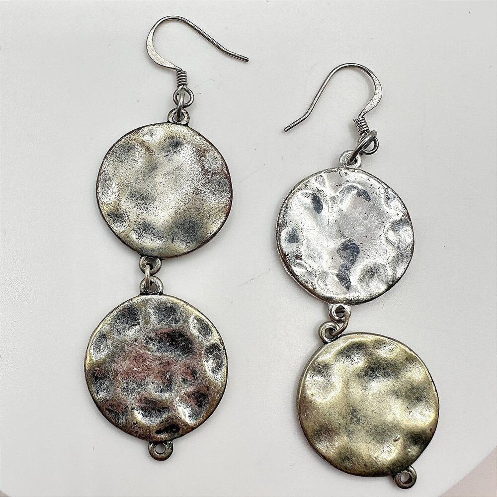 Vintage Two Tone Hammered Double Disc Dangle Earrings Textured Retro Y2K Jewelry